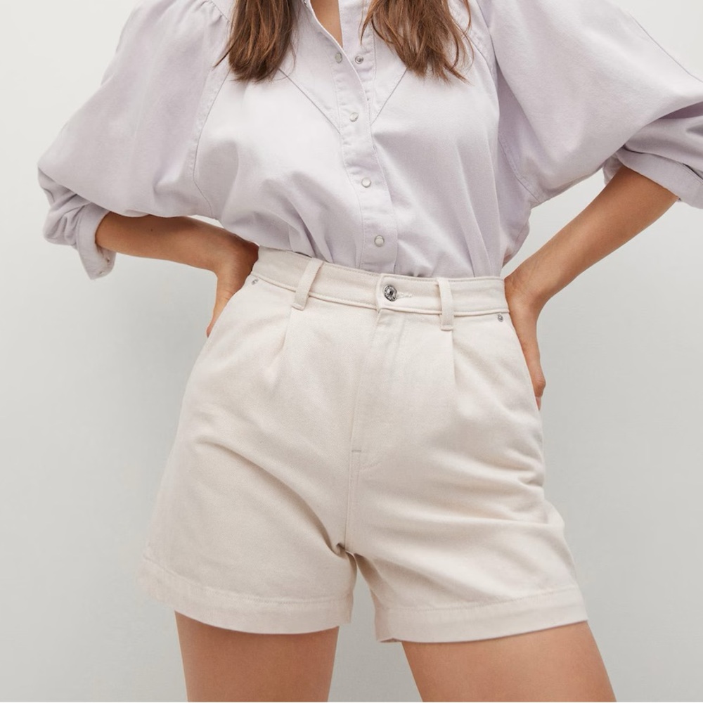 MANGO Regina Pleat Front High Rise Cotton Denim Short Cream